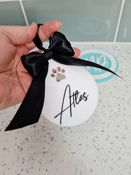 Personalised Paw Print Acrylic Bauble with Hand Tied Bow, Christmas Bauble For Pet, Pets Christmas Hanging Decoration