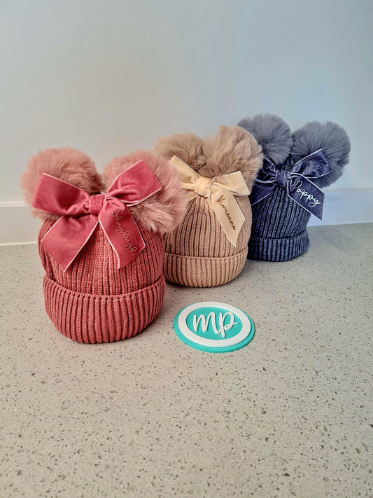 Girls Winter Pom Pom Hat - Personalised Wooly Lined Hat With Bow