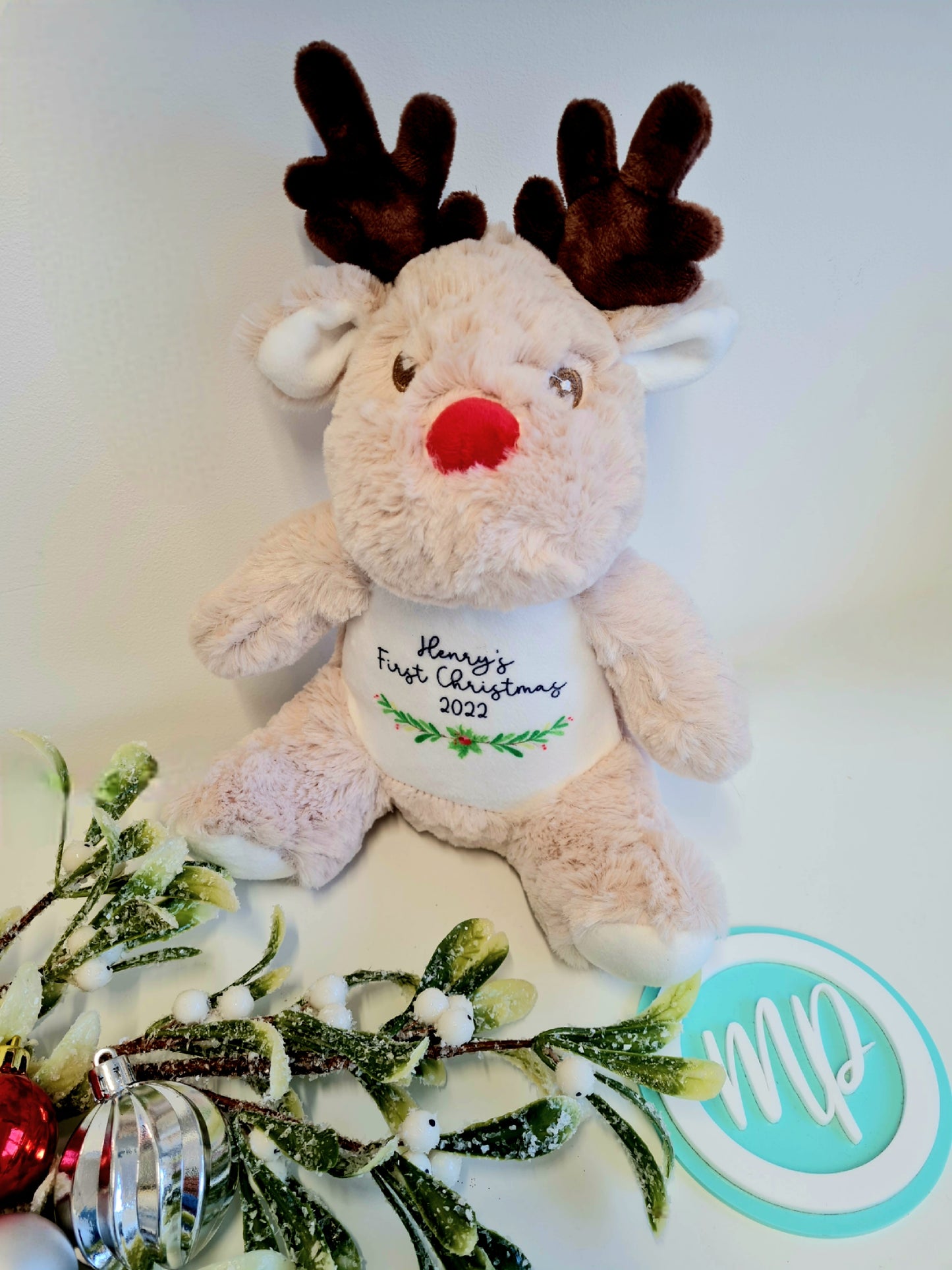 Babies First Christmas Reindeer Teddy, Personalised Reindeer Plush Keepsake