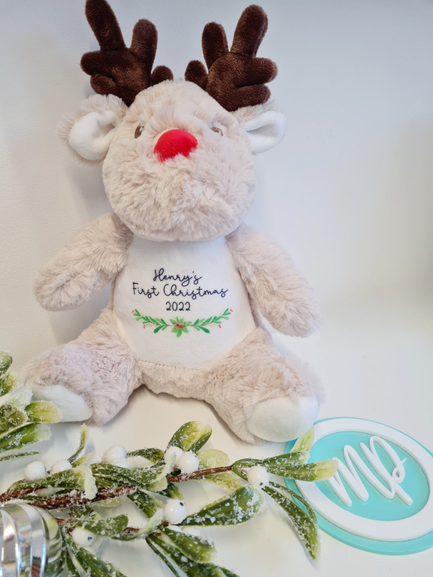 Babies First Christmas Reindeer Teddy, Personalised Reindeer Plush Keepsake