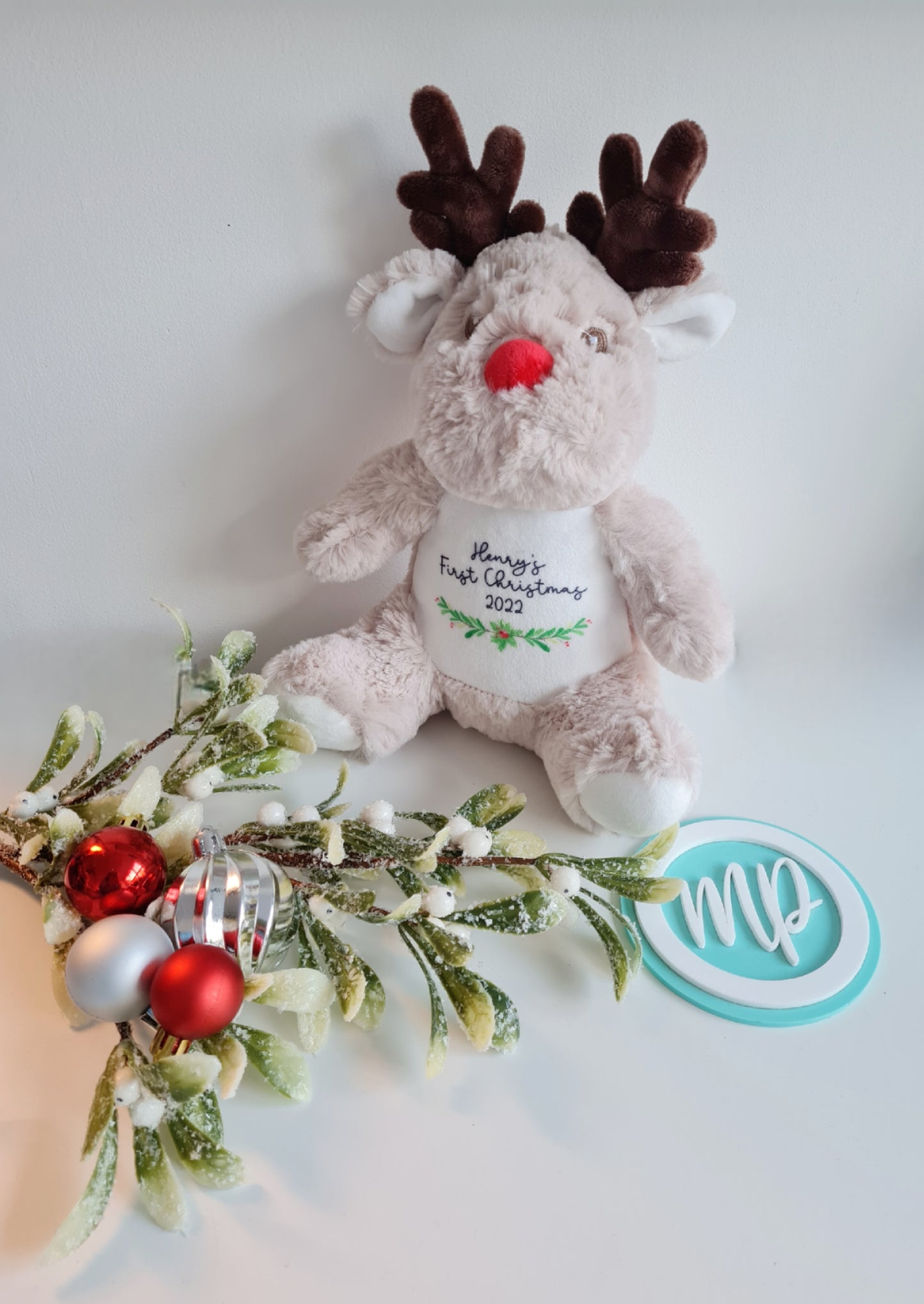 Babies First Christmas Reindeer Teddy, Personalised Reindeer Plush Keepsake