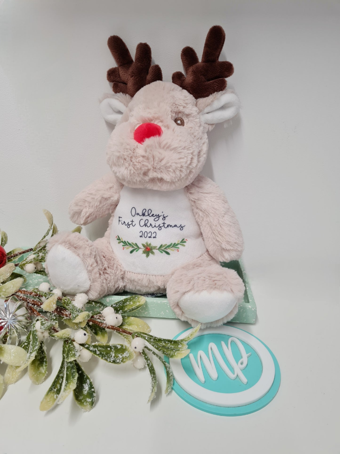 Babies First Christmas Reindeer Teddy, Personalised Reindeer Plush Keepsake