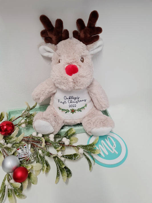 Babies First Christmas Reindeer Teddy, Personalised Reindeer Plush Keepsake