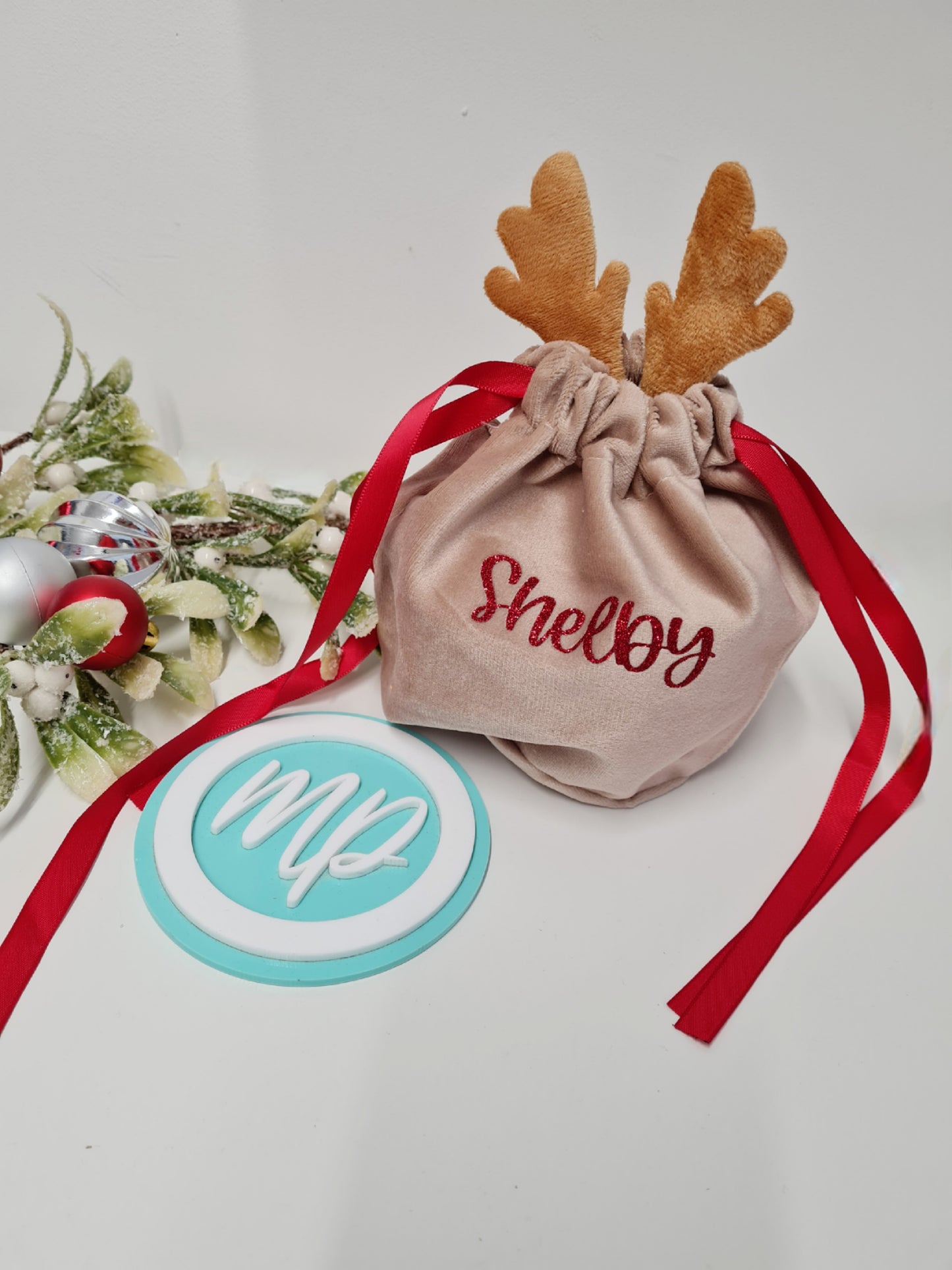 Personalised Christmas Reindeer Bag - Christmas Reusable Gift Bag - Velvet Bag