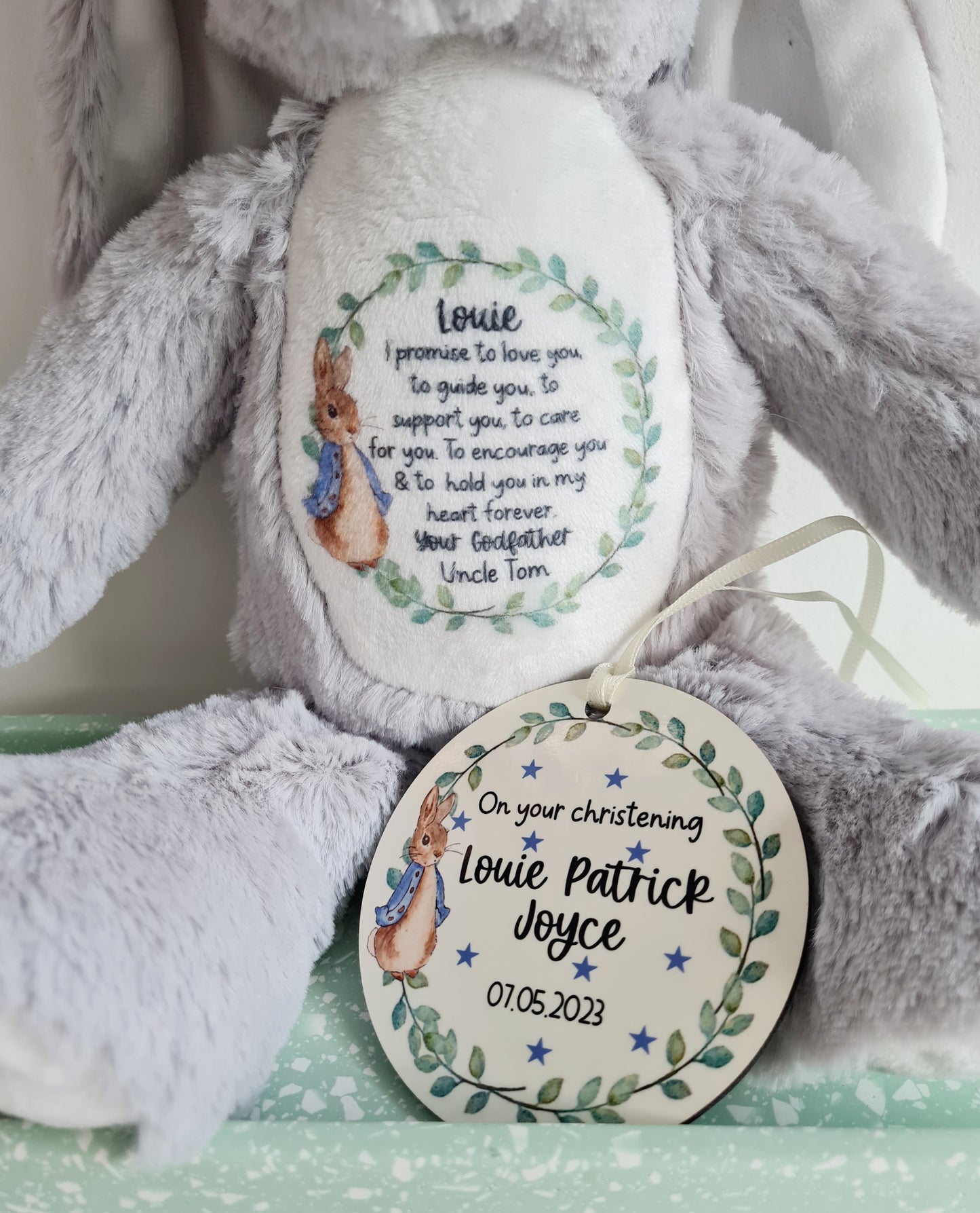 Personalised Bunny Plush Teddy Christening Gift, Birthday Gift, God Daughter Gift, God Son Gift, New Baby Gift