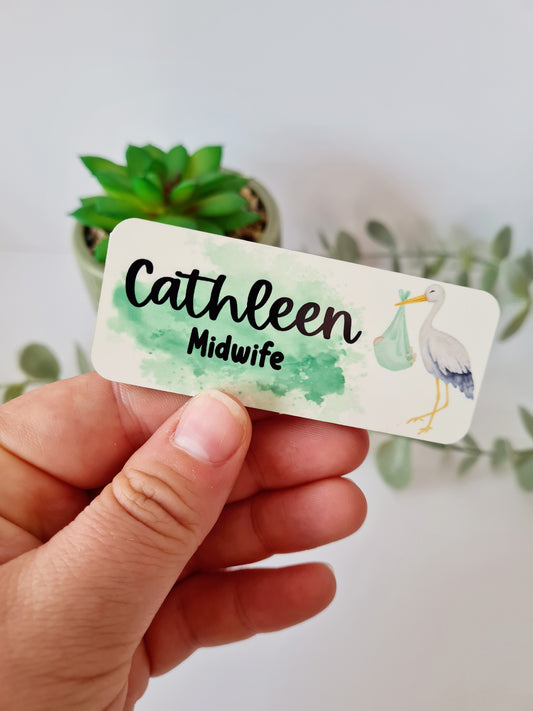 Stork Personalised Name Badge - Green, Blue or Pink - hello my name is badge, student nurse, student midwife, midwife badge, nurse badge