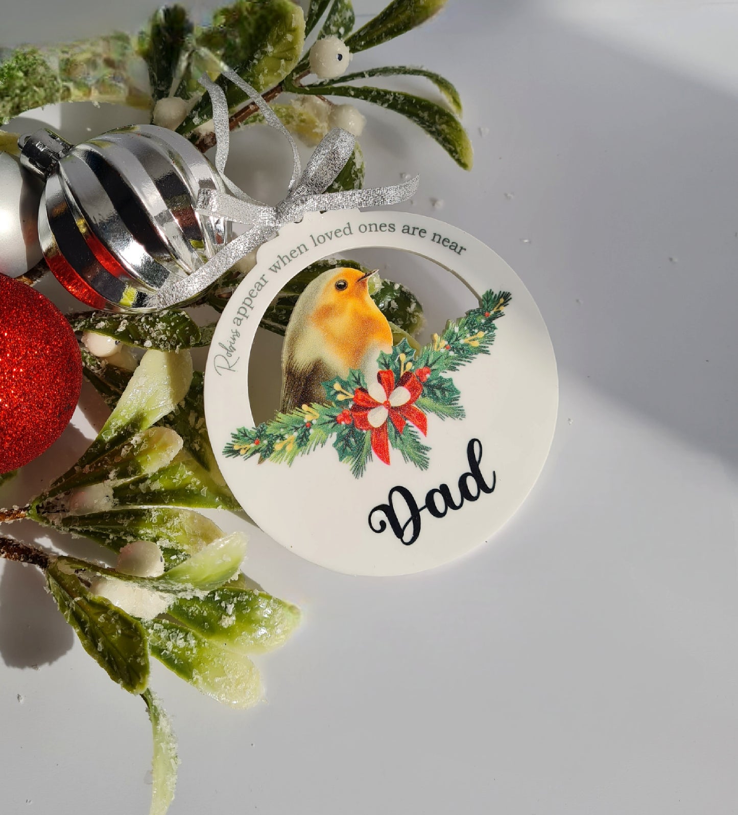 Personalised Christmas Robin Bauble, Christmas Tree Bauble, Remembrance Christmas Bauble, When Robins Are Near Bauble