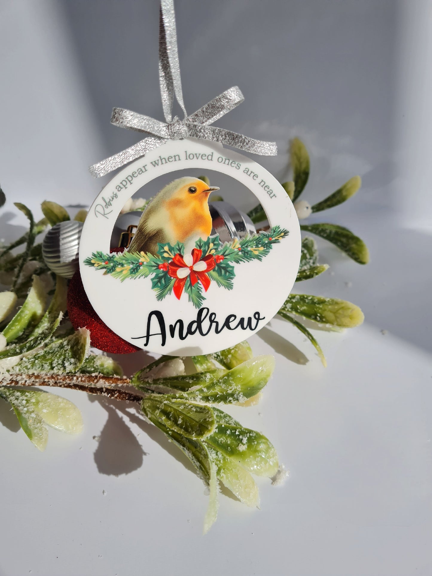 Personalised Christmas Robin Bauble, Christmas Tree Bauble, Remembrance Christmas Bauble, When Robins Are Near Bauble