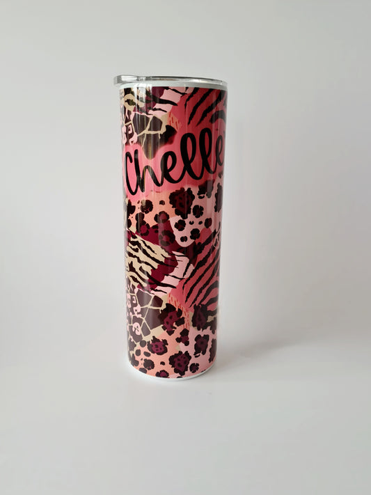 Personalised Mixed Animal Print Pink Colourful 20oz Skinny Thermal Tumbler