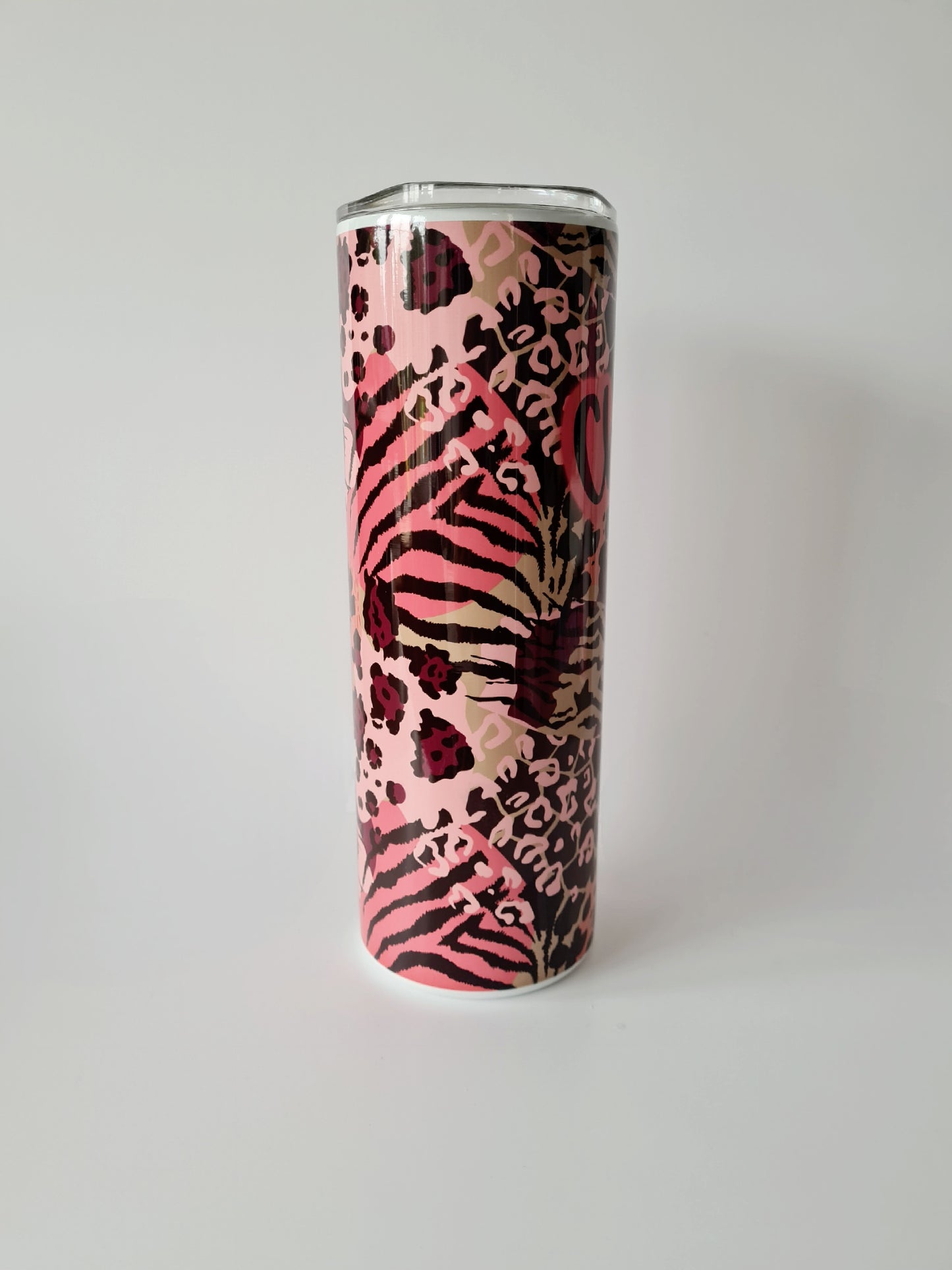 Personalised Mixed Animal Print Pink Colourful 20oz Skinny Thermal Tumbler