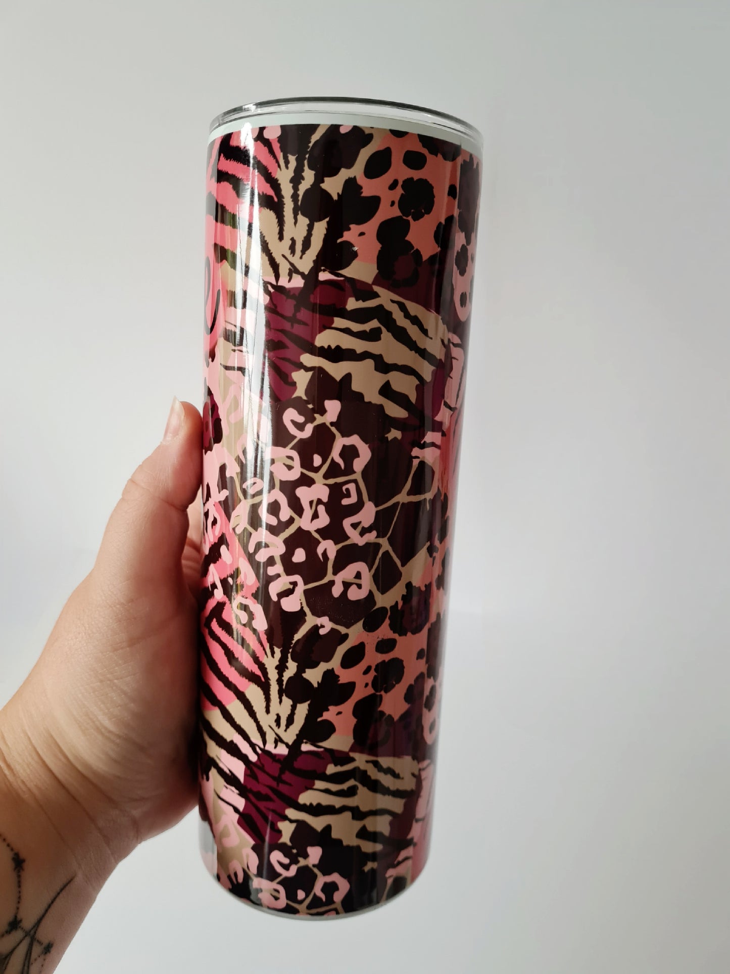 Personalised Mixed Animal Print Pink Colourful 20oz Skinny Thermal Tumbler