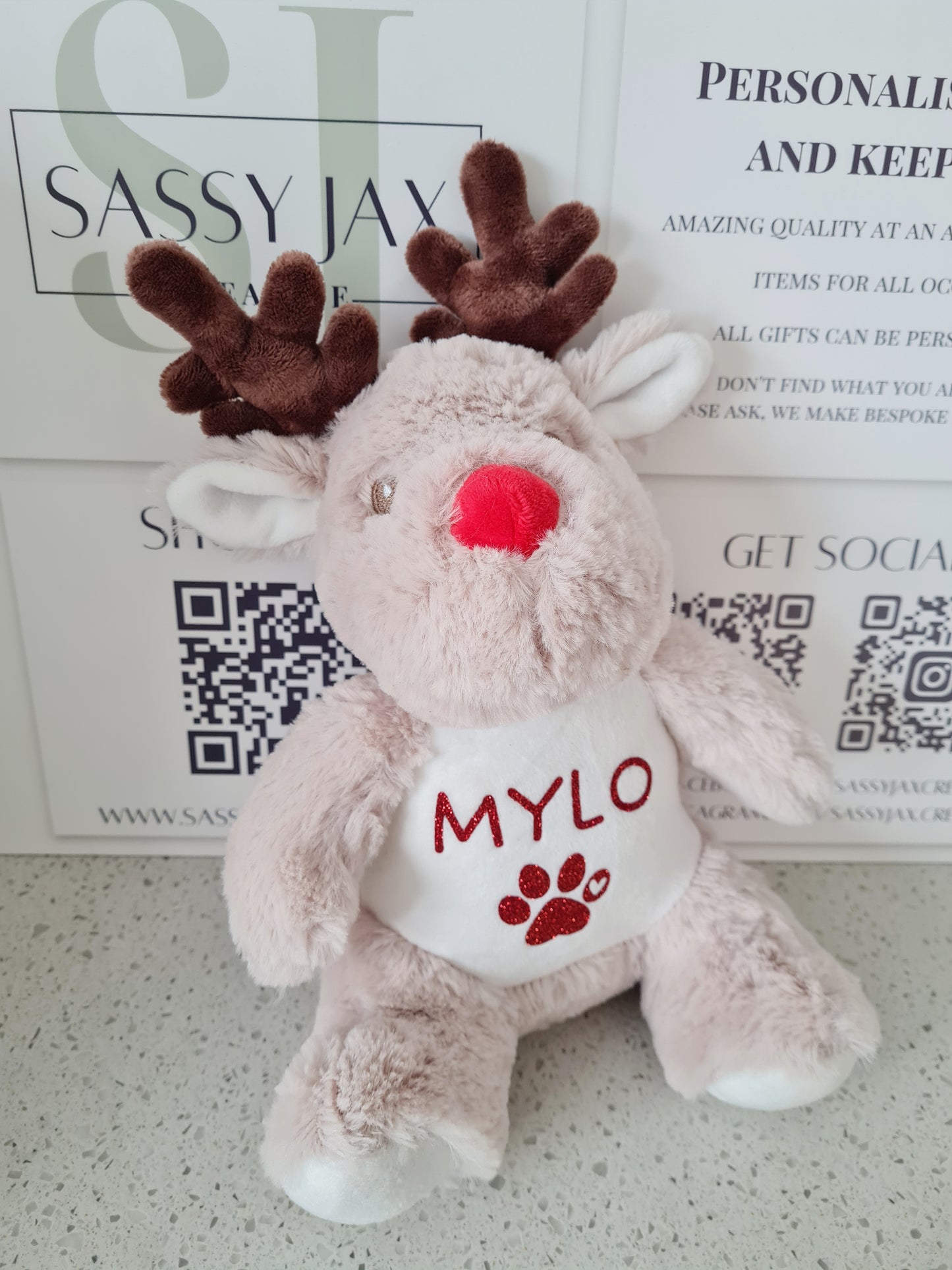 Christmas Reindeer Plush Teddy - Red Glitter Design - Christmas Keepsake