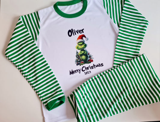 Children's Christmas Pyjamas, Personalised Christmas Pjs, Kids Personalised Pjs, Grinch Pyjamas