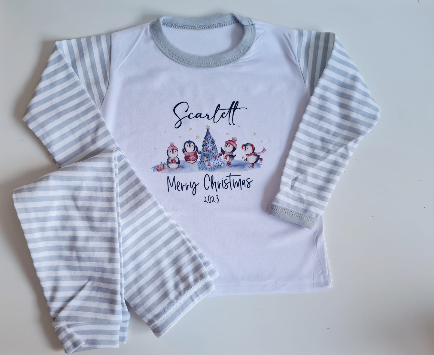 Children's Christmas Pyjamas, Personalised Christmas Pjs, Kids Personalised Pjs, Penguin Pyjamas