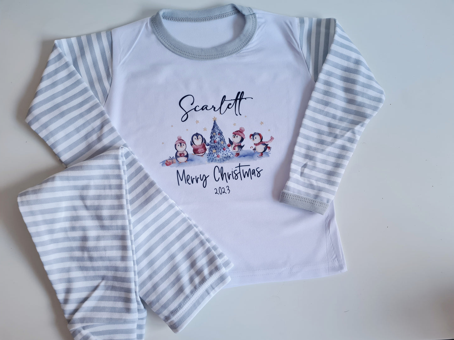 Children's Christmas Pyjamas, Personalised Christmas Pjs, Kids Personalised Pjs, Penguin Pyjamas