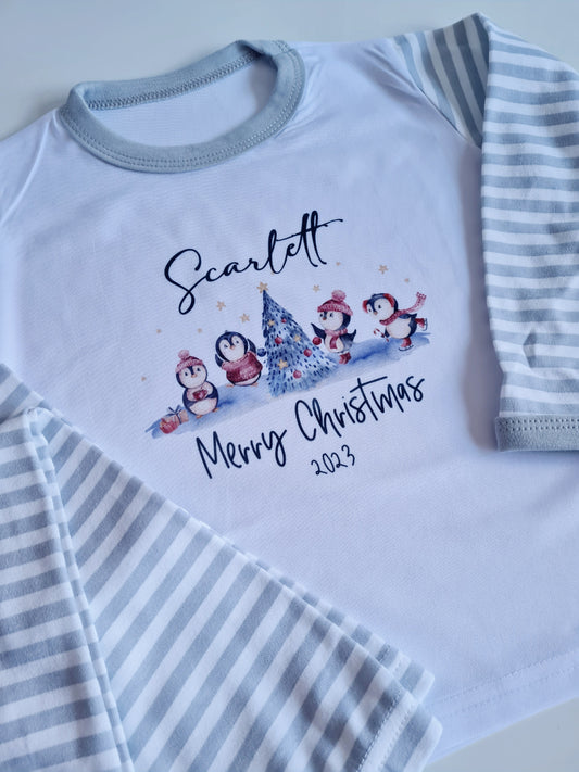 Children's Christmas Pyjamas, Personalised Christmas Pjs, Kids Personalised Pjs, Penguin Pyjamas