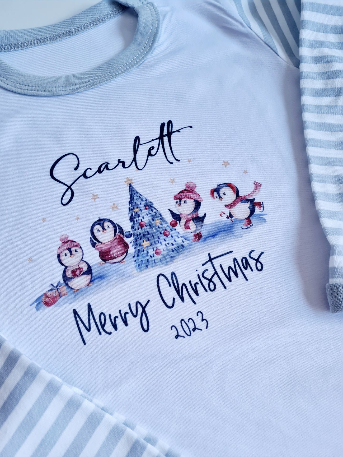 Children's Christmas Pyjamas, Personalised Christmas Pjs, Kids Personalised Pjs, Penguin Pyjamas