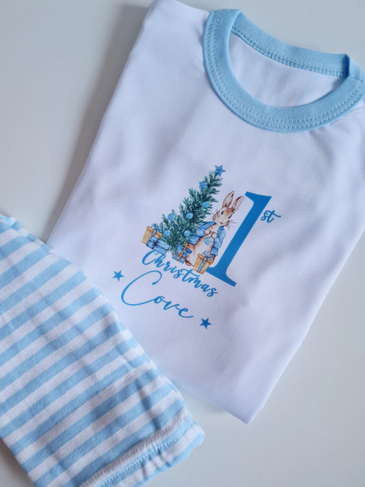 Children's Christmas Pyjamas, Personalised Christmas Pjs, Kids Personalised Pjs, Blue Peter Rabbit Pyjamas