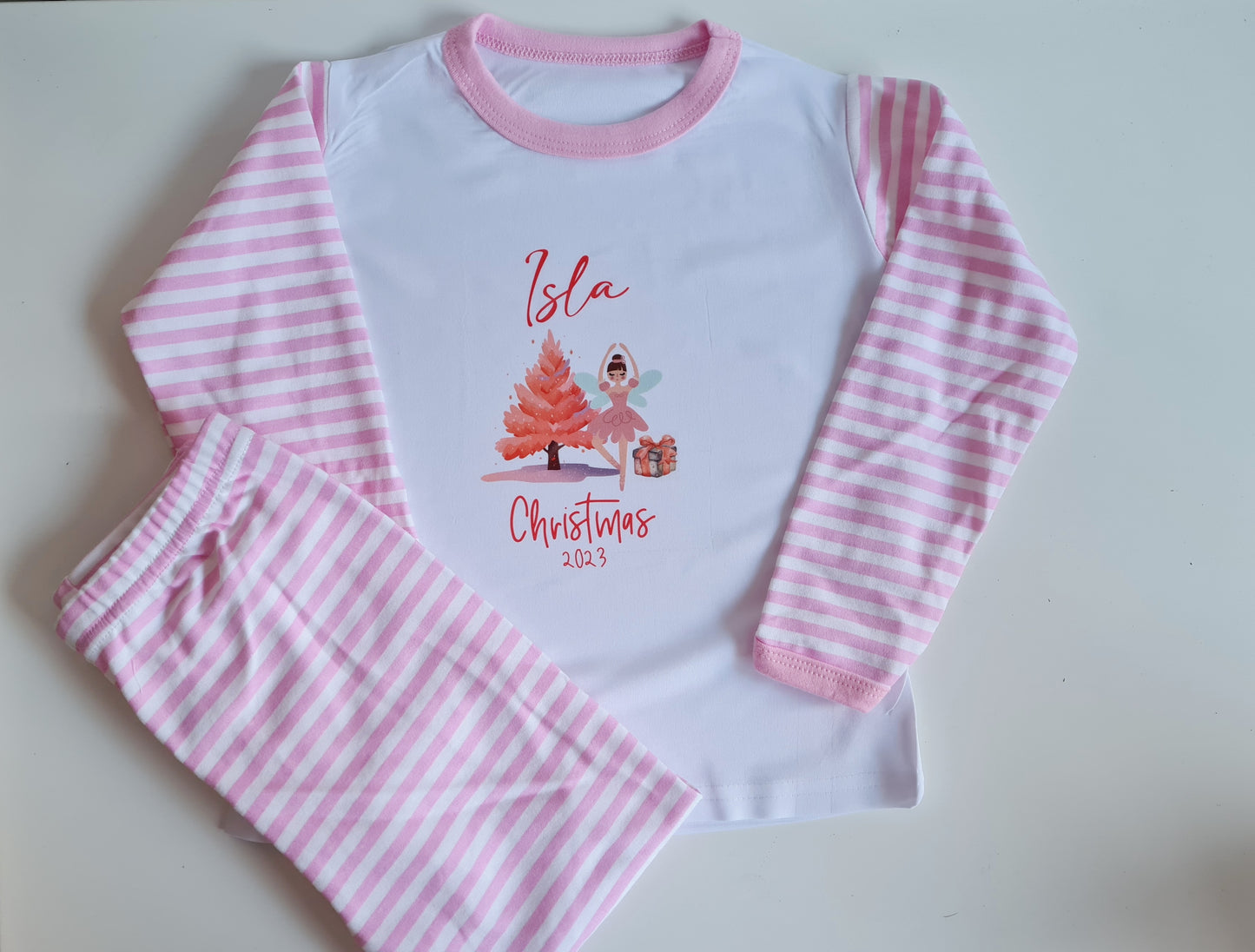 Children's Christmas Pyjamas, Personalised Christmas Pjs, Kids Personalised Pjs, Pink Ballerina Pyjamas