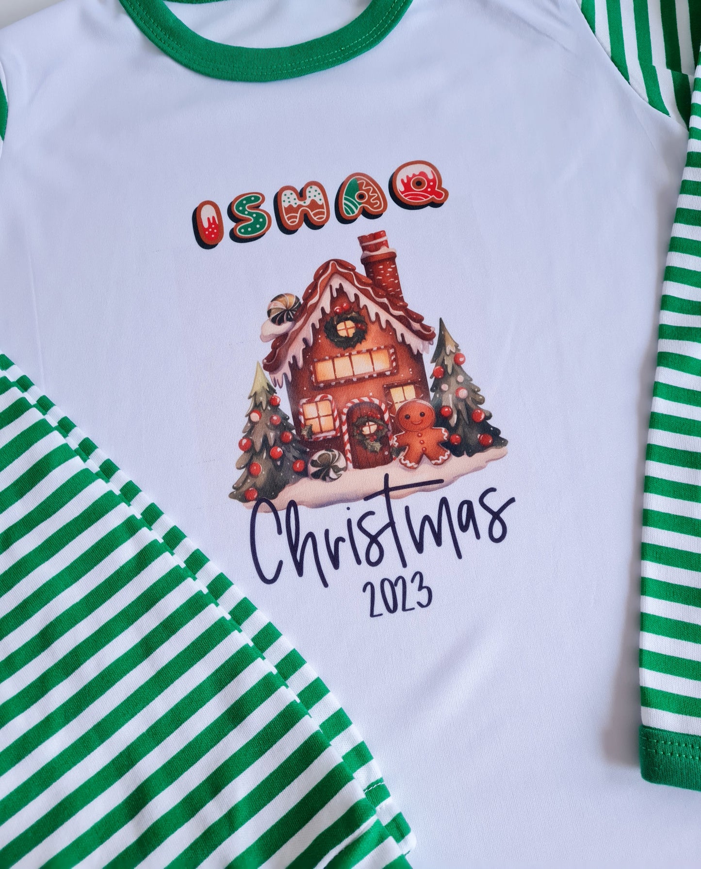 Children's Christmas Pyjamas, Personalised Christmas Pjs, Kids Personalised Pjs, Gingerbread House Pyjamas