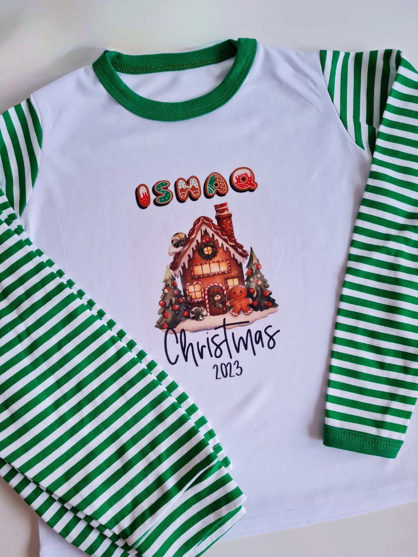 Children's Christmas Pyjamas, Personalised Christmas Pjs, Kids Personalised Pjs, Gingerbread House Pyjamas