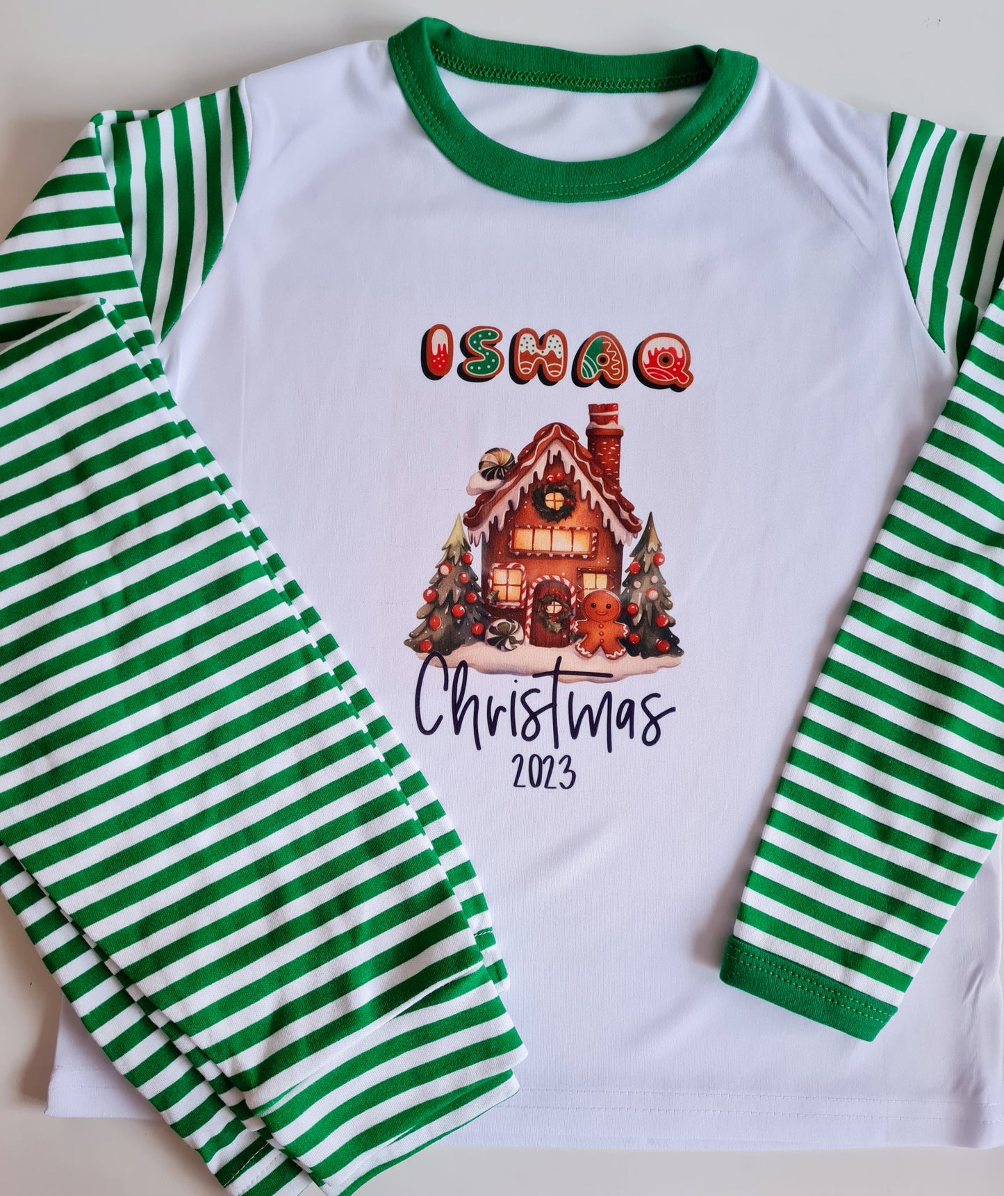 Children's Christmas Pyjamas, Personalised Christmas Pjs, Kids Personalised Pjs, Gingerbread House Pyjamas