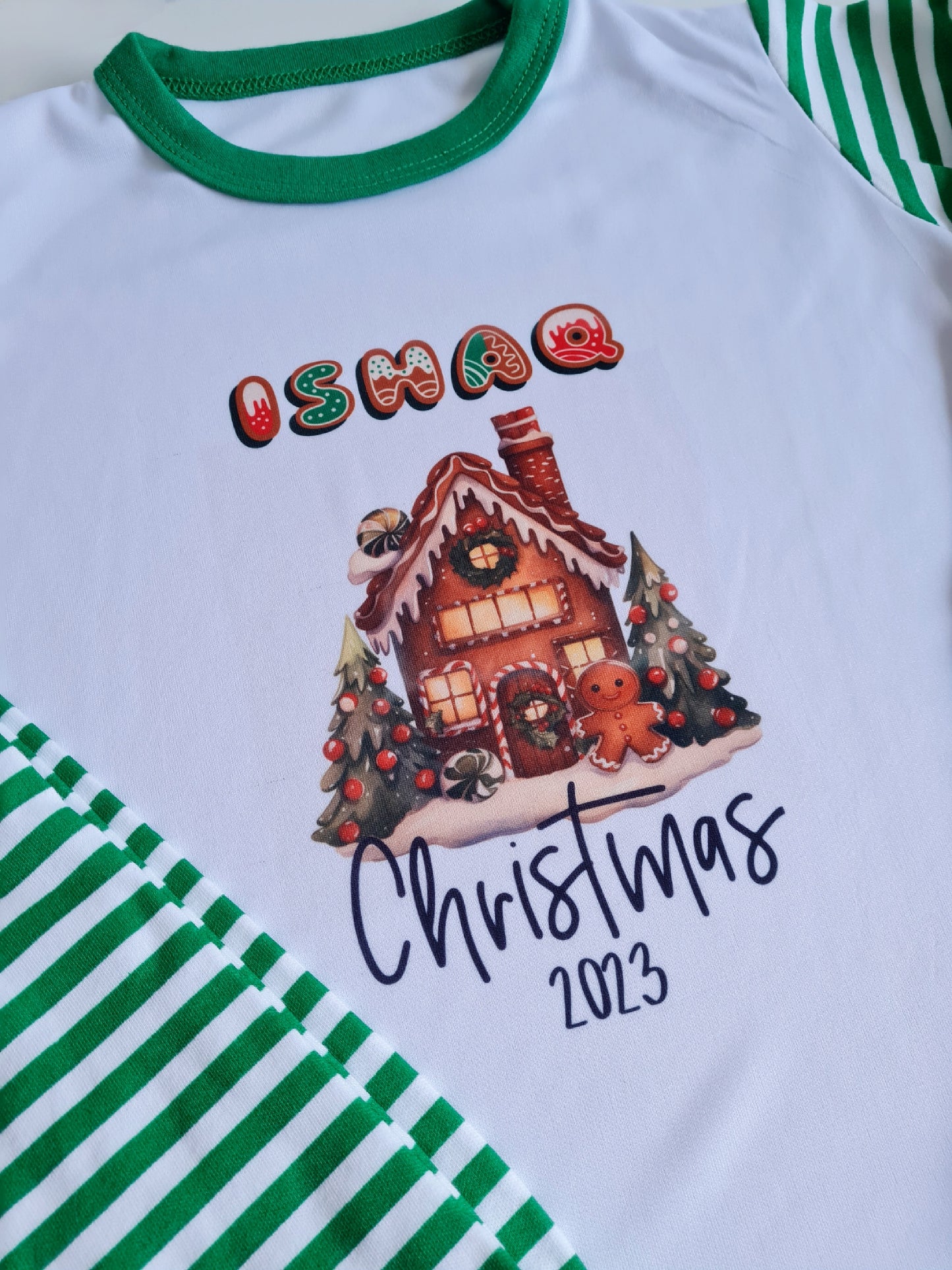 Children's Christmas Pyjamas, Personalised Christmas Pjs, Kids Personalised Pjs, Gingerbread House Pyjamas