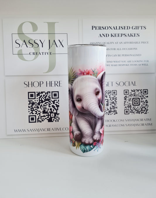 Personalised Tropical Floral Colourful Elephant 20oz Skinny Thermal Tumbler