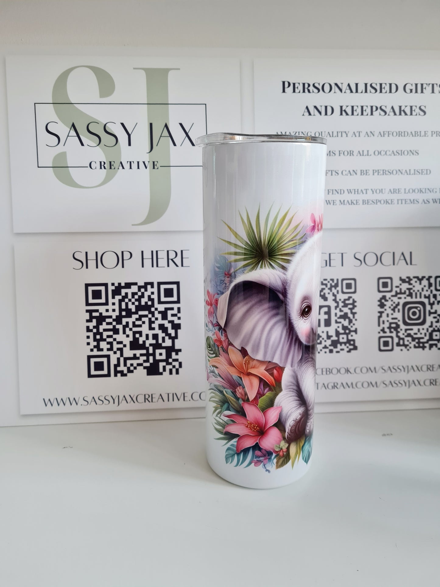 Personalised Tropical Floral Colourful Elephant 20oz Skinny Thermal Tumbler