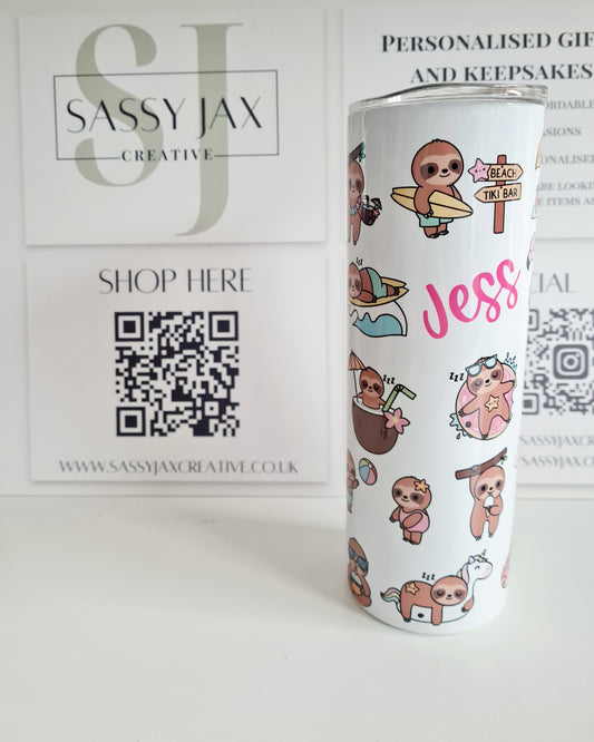 Personalised Summer Sloth Colourful 20oz Skinny Thermal Tumbler