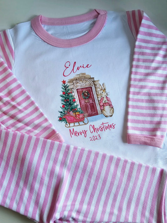 Children's Christmas Pyjamas, Personalised Christmas Pjs, Kids Personalised Pjs, Pink Peter Rabbit Pyjamas