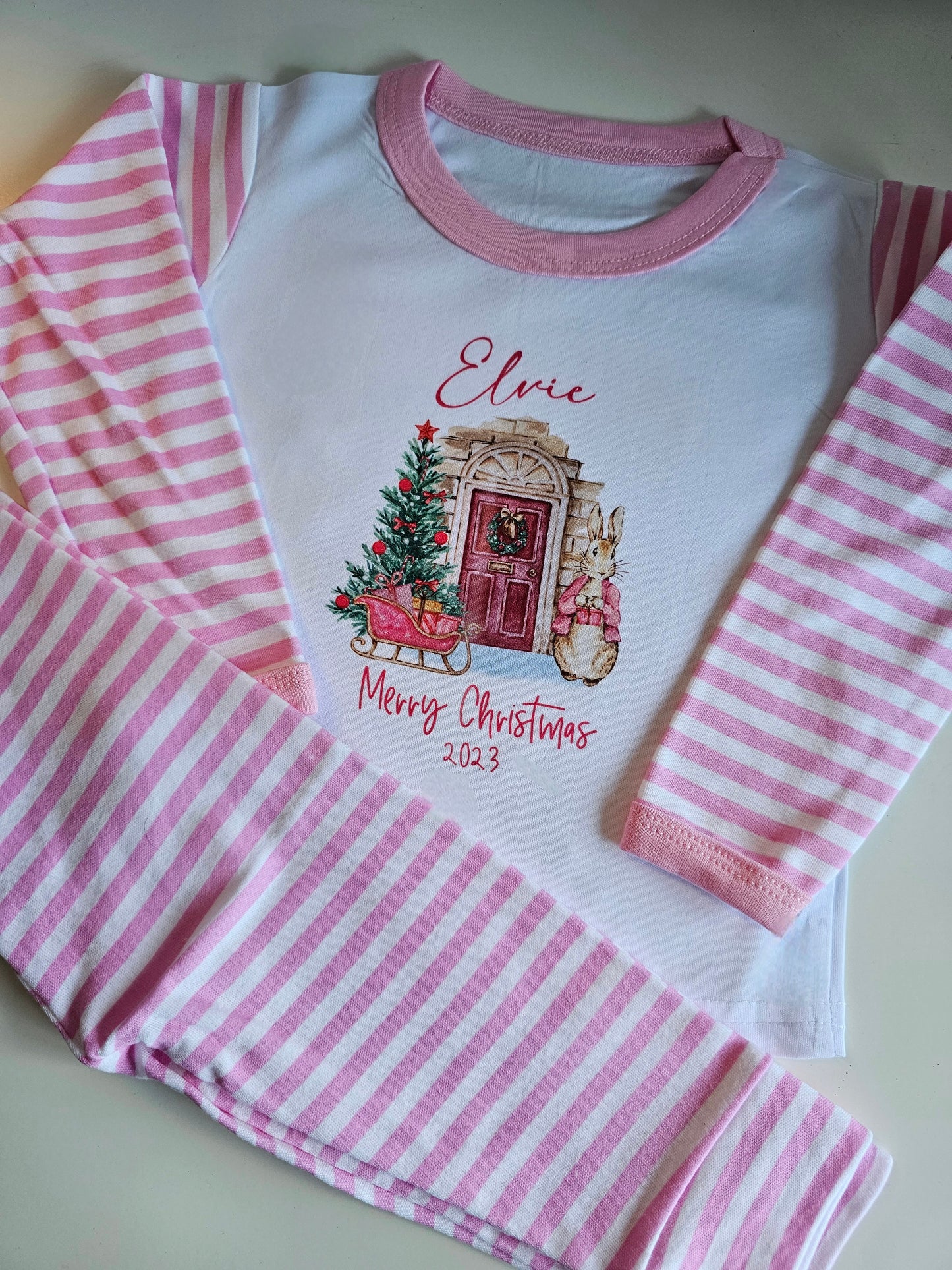 Children's Christmas Pyjamas, Personalised Christmas Pjs, Kids Personalised Pjs, Pink Peter Rabbit Pyjamas