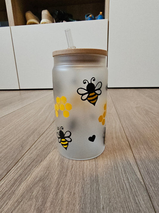 Bumble Bee Glass Can Style Tumbler, Bamboo Lid and straw