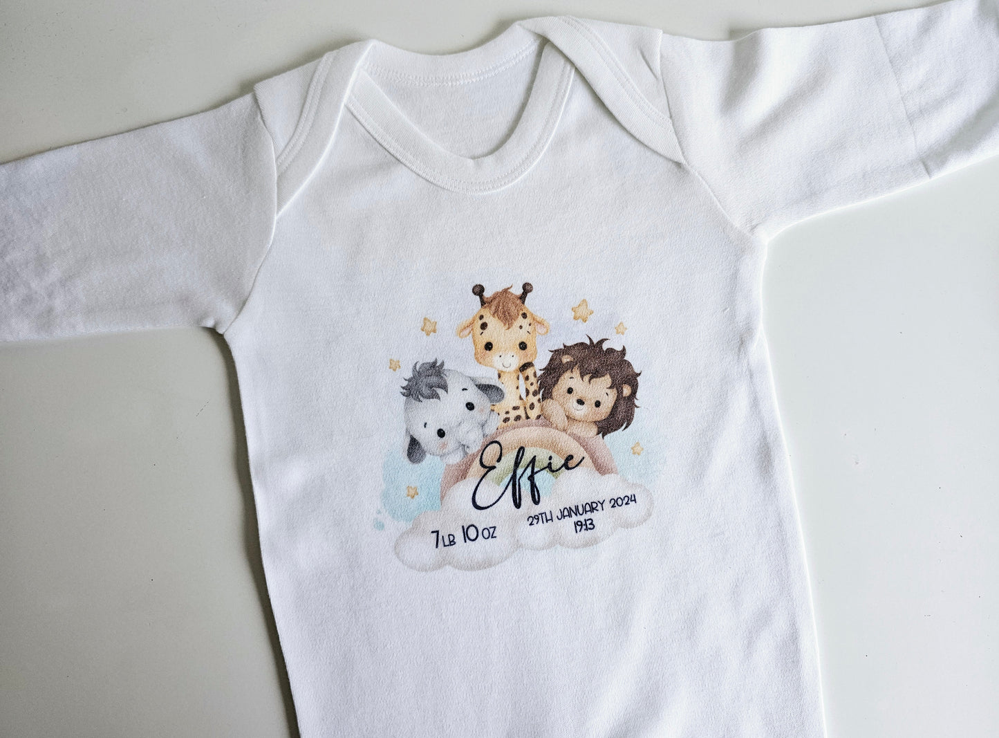 Personalised Baby Sleepsuit, New Baby Gift, Safari Animal Rainbow Baby, Baby keepsake