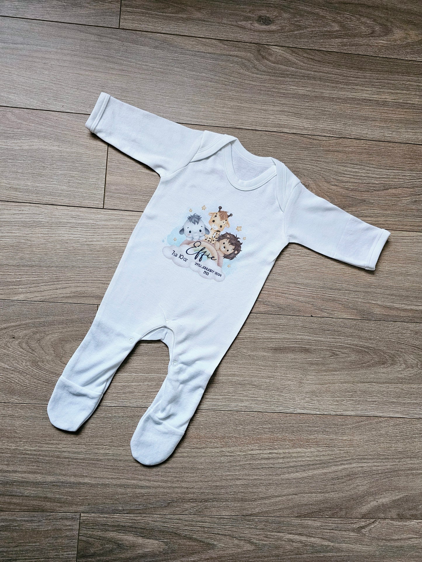 Personalised Baby Sleepsuit, New Baby Gift, Safari Animal Rainbow Baby, Baby keepsake