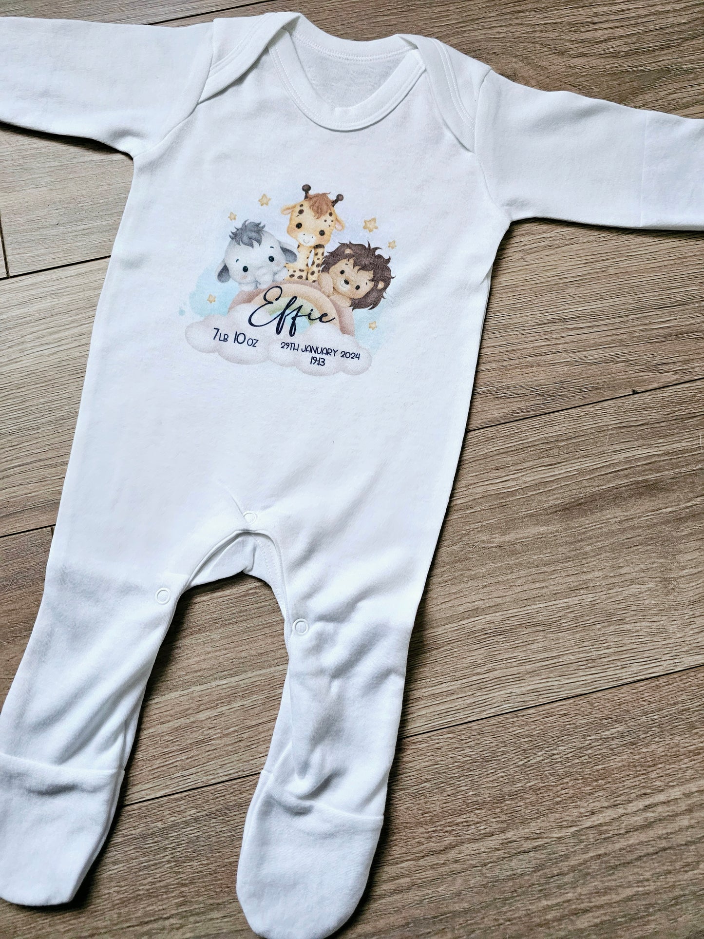 Personalised Baby Sleepsuit, New Baby Gift, Safari Animal Rainbow Baby, Baby keepsake