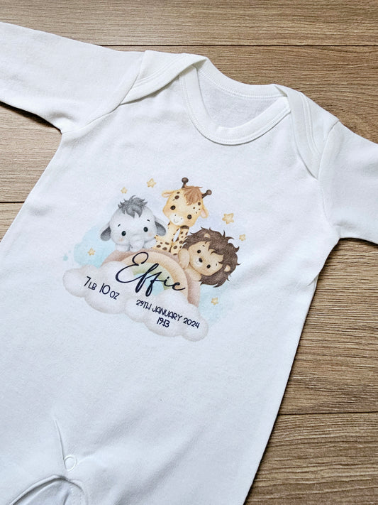 Personalised Baby Sleepsuit, New Baby Gift, Safari Animal Rainbow Baby, Baby keepsake