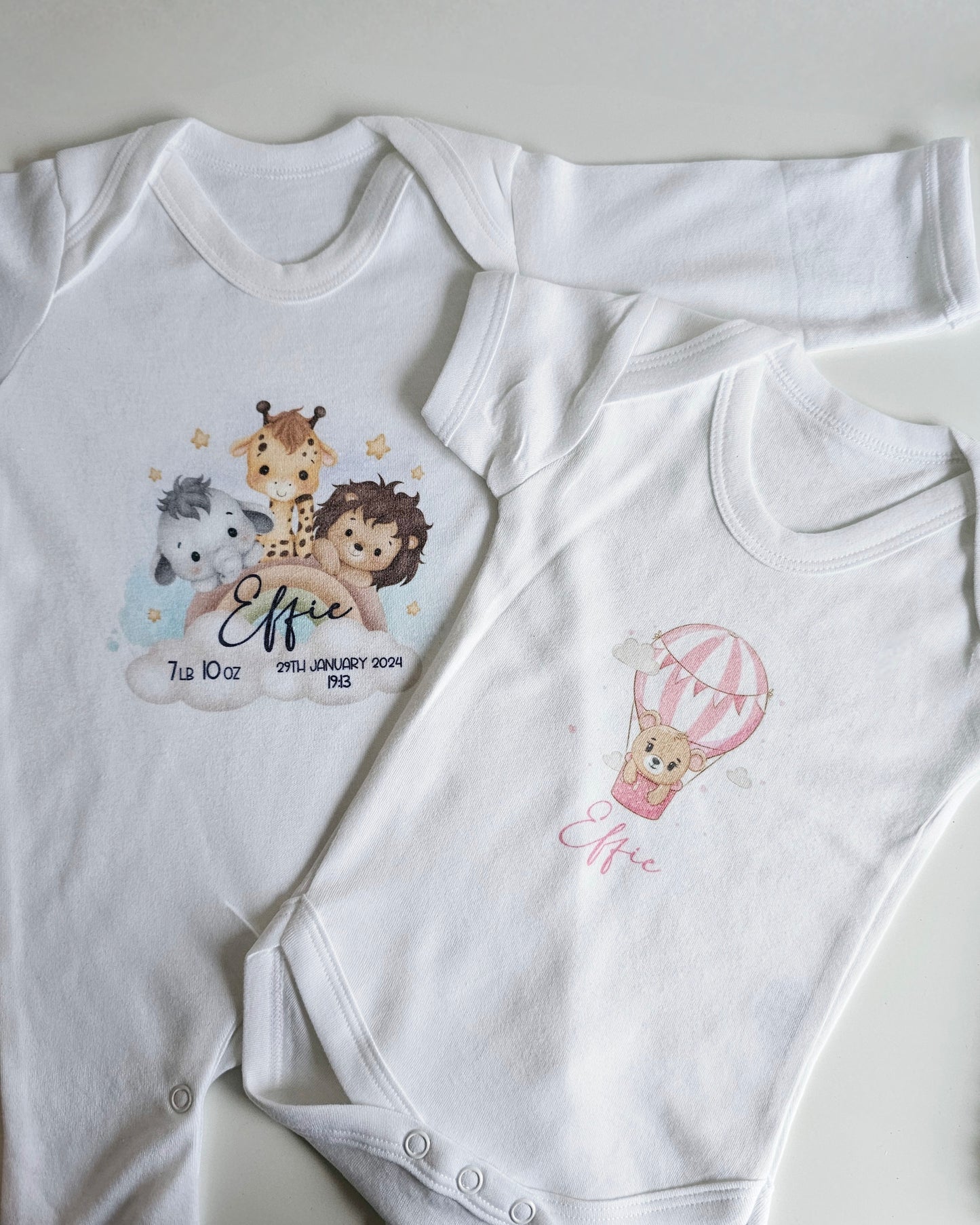 Personalised Baby Sleepsuit, New Baby Gift, Safari Animal Rainbow Baby, Baby keepsake