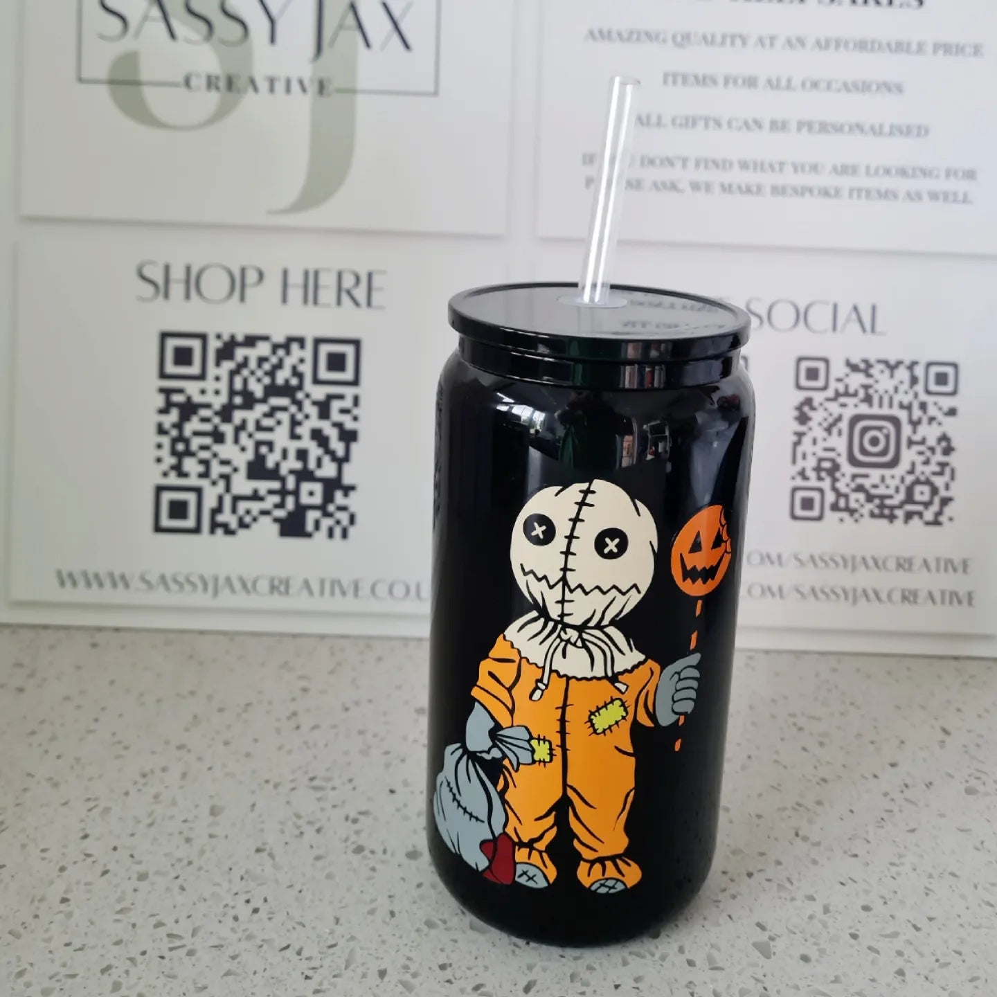 Halloween Black Glass Tumbler with Straw