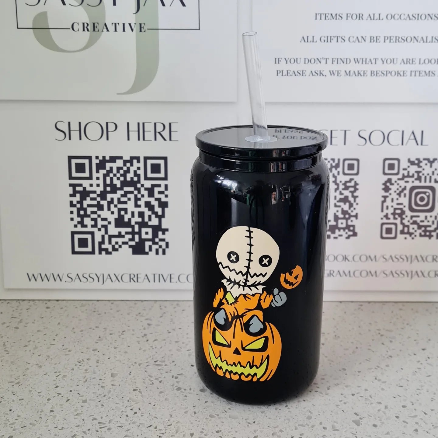 Halloween Black Glass Tumbler with Straw