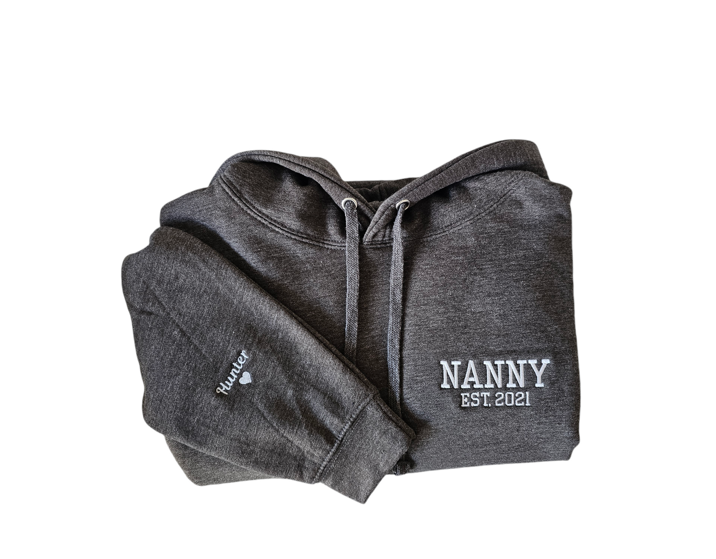 Embrodiered Hoodie, Nanny, Mama, Mum with sleeve names.