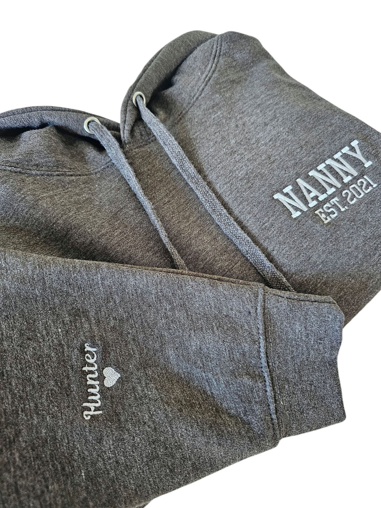 Embrodiered Hoodie, Nanny, Mama, Mum with sleeve names.