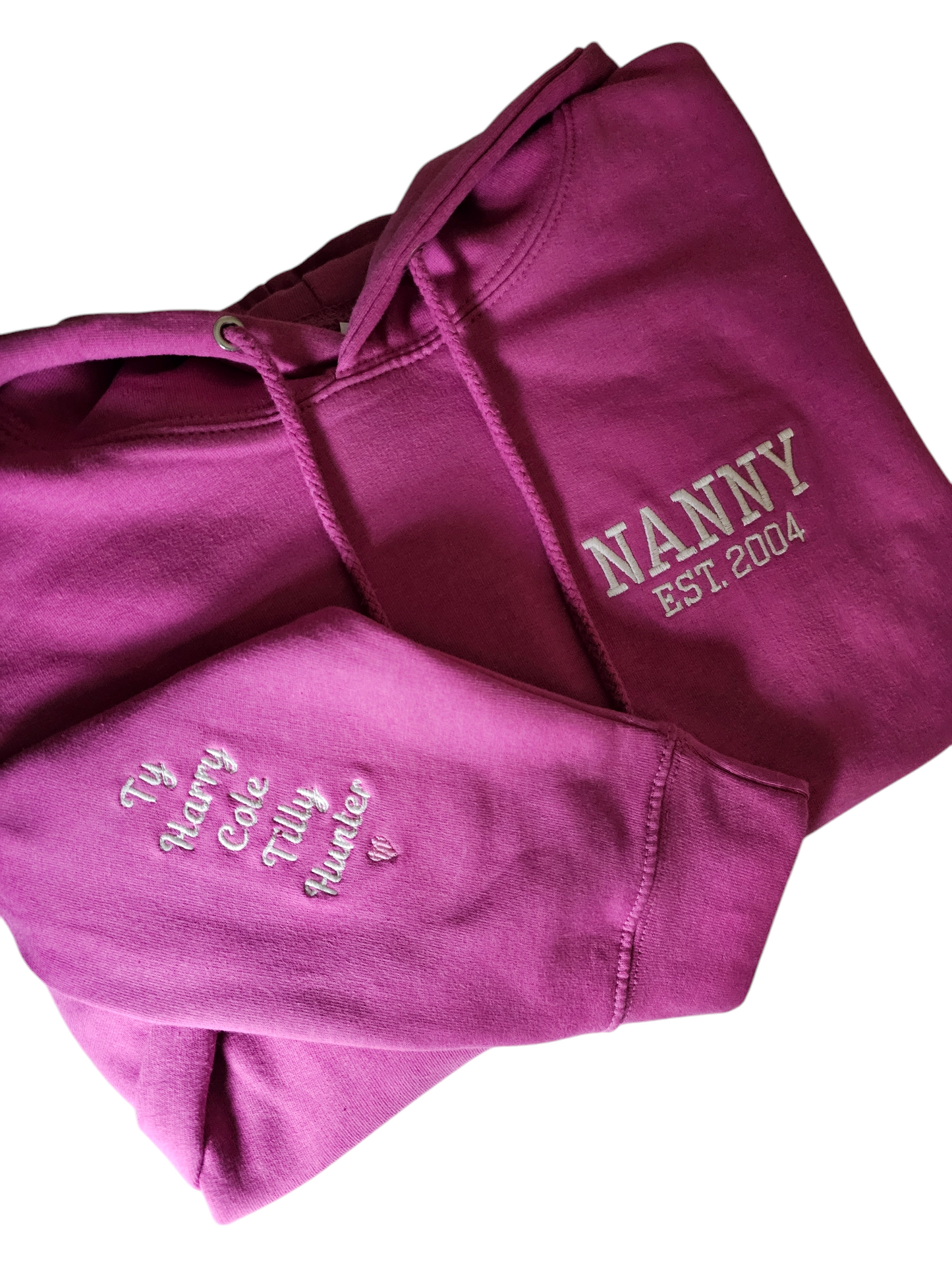 Embrodiered Hoodie, Nanny, Mama, Mum with sleeve names.