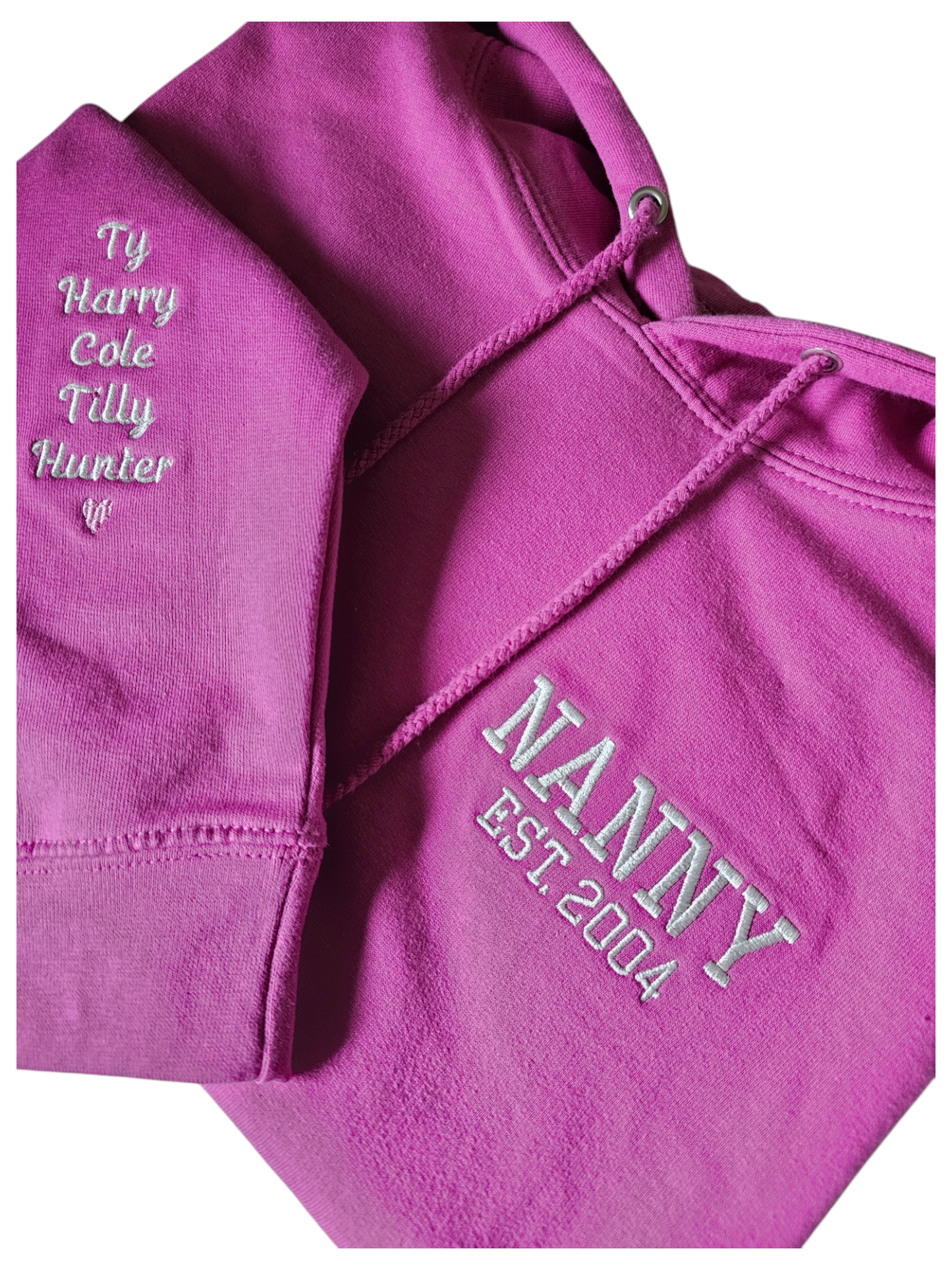 Embrodiered Hoodie, Nanny, Mama, Mum with sleeve names.