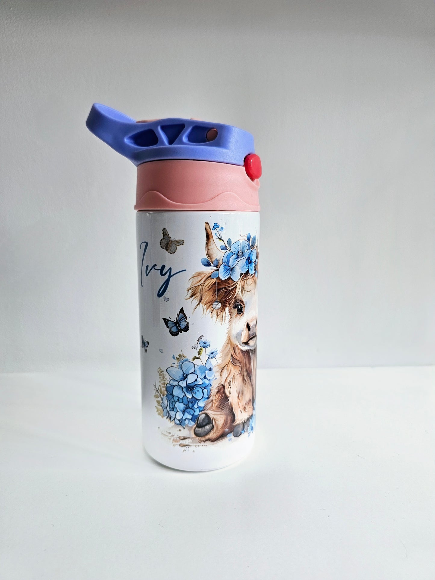 Highland Cow Children's Metal Water Bottle, Floral Cute Cow Bottle