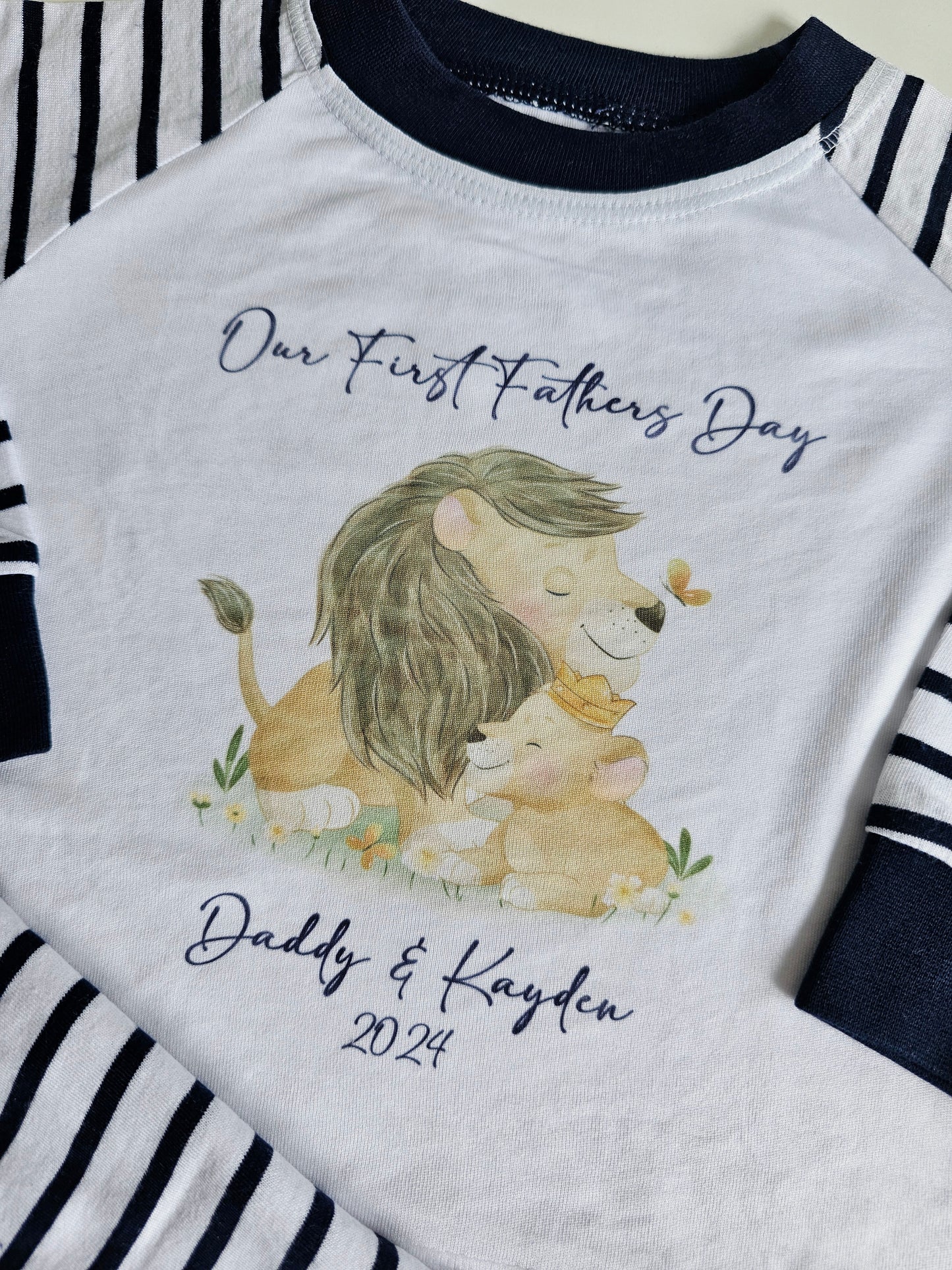 Our First Fathers Day Pyjamas, Daddy and Baby Lion Cute Design, Personalised Baby PJs