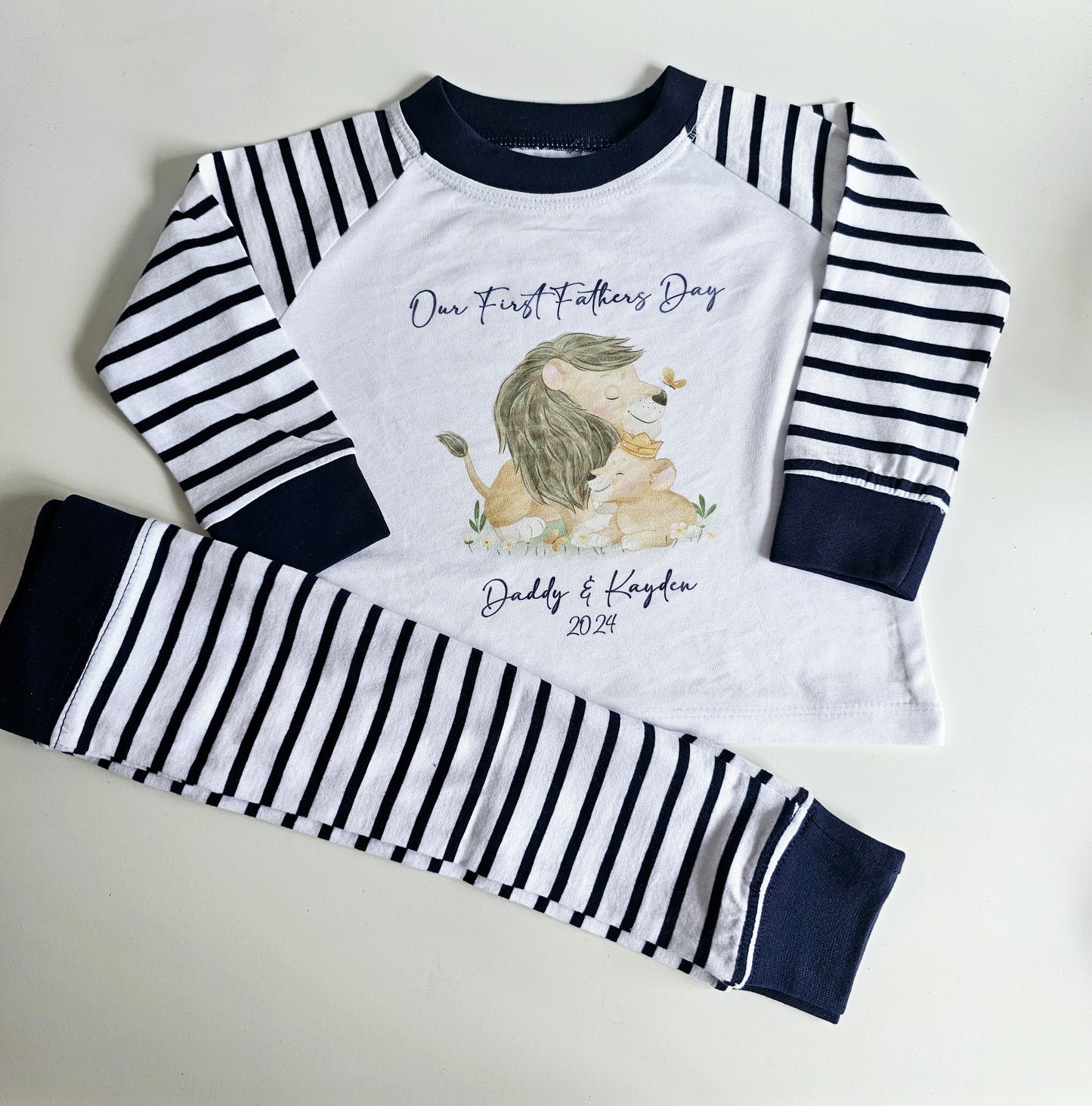 Our First Fathers Day Pyjamas, Daddy and Baby Lion Cute Design, Personalised Baby PJs