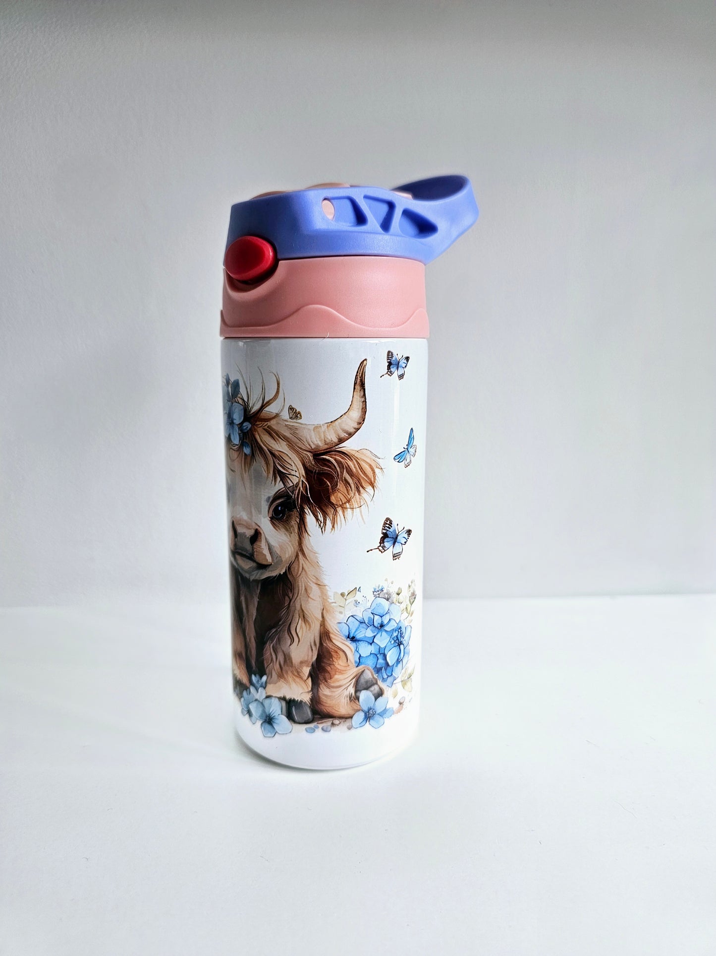 Highland Cow Children's Metal Water Bottle, Floral Cute Cow Bottle