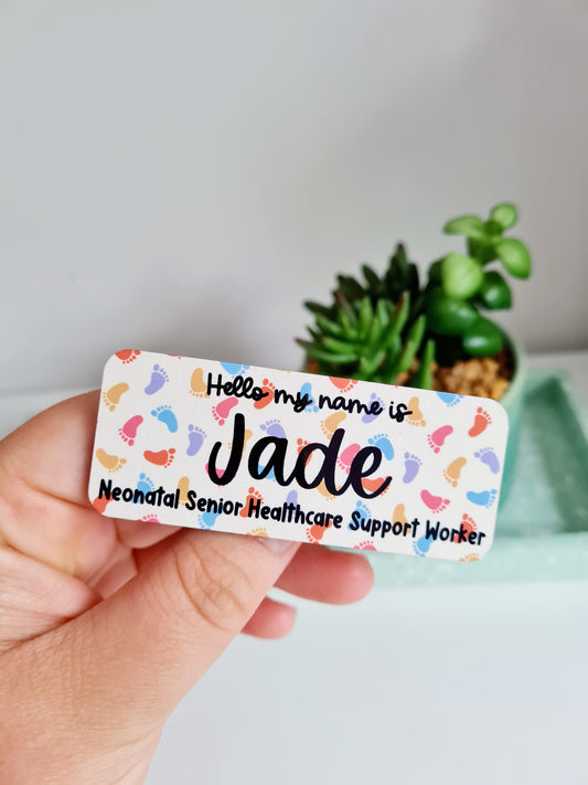 Baby Footprints Personalised Name Badge - hello my name is, midwife, nurse, student nurse, student midwife badge